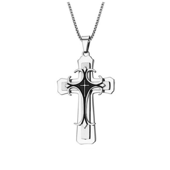 ❤️Stainless Steel Retro Layered Cross Necklace, N90201P119 - Picture 3 of 5